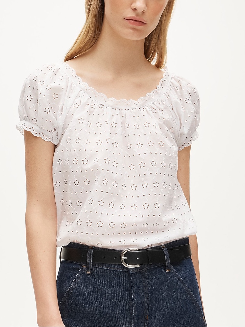 J. Crew White Eyelet Puff-Sleeve Peasant Top